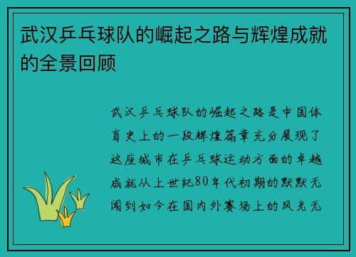 武汉乒乓球队的崛起之路与辉煌成就的全景回顾