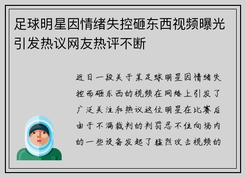 足球明星因情绪失控砸东西视频曝光引发热议网友热评不断
